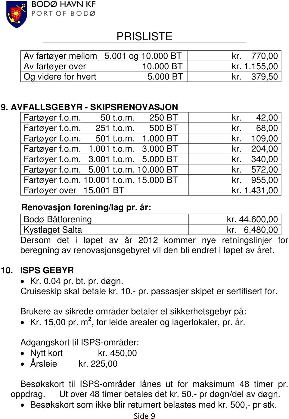 o.m. 5.001 t.o.m. 10.000 BT kr. 572,00 Fartøyer f.o.m. 10.001 t.o.m. 15.000 BT kr. 955,00 Fartøyer over 15.001 BT kr. 1.431,00 Renovasjon forening/lag pr. år: Bodø Båtforening kr. 44.