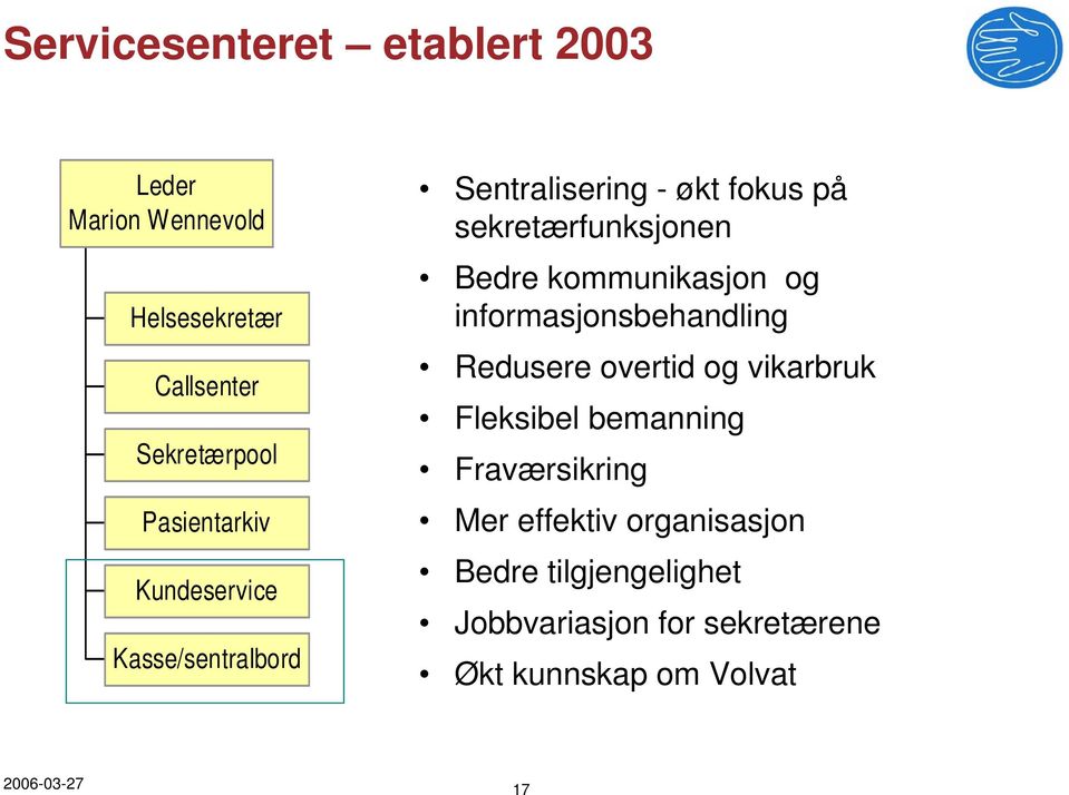 kommunikasjon og informasjonsbehandling Redusere overtid og vikarbruk Fleksibel bemanning