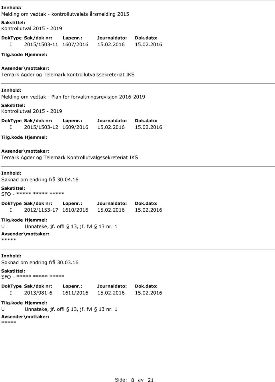 1609/2016 Temark gder og Telemark Kontrollutvalgssekreteriat KS nnhold: Søknad om endring frå 30.04.