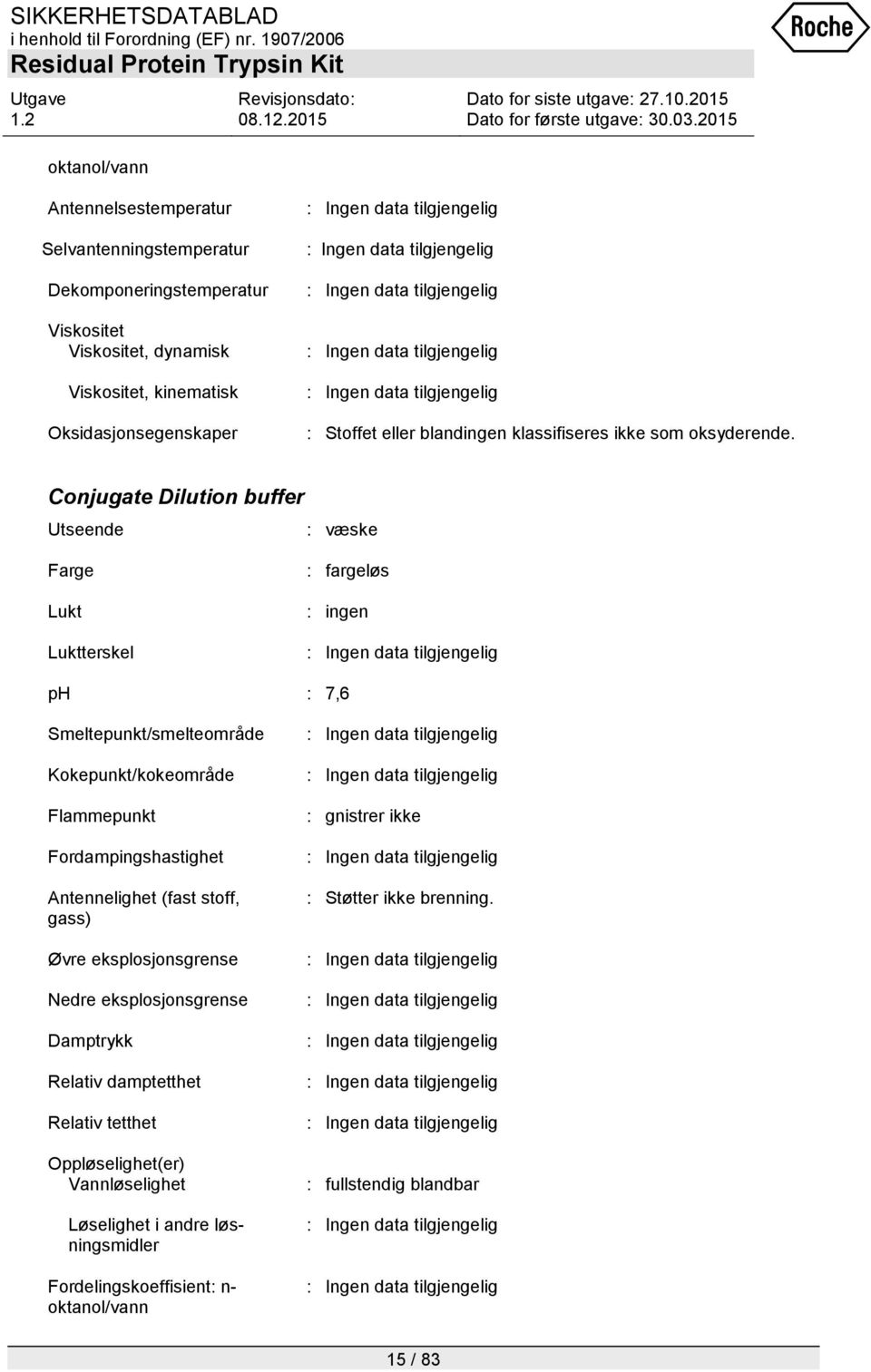 Conjugate Dilution buffer Utseende : væske Farge Lukt Luktterskel : fargeløs : ingen ph : 7,6 Smeltepunkt/smelteområde Kokepunkt/kokeområde Flammepunkt