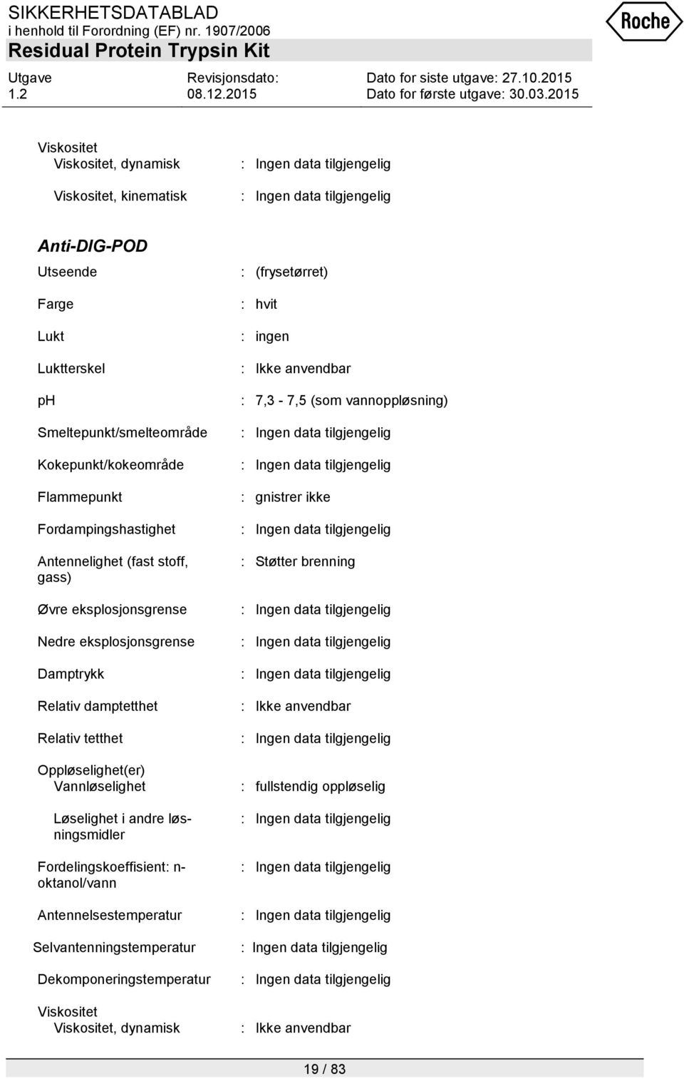 Oppløselighet(er) Vannløselighet Løselighet i andre løsningsmidler Fordelingskoeffisient: n- Antennelsestemperatur Selvantenningstemperatur