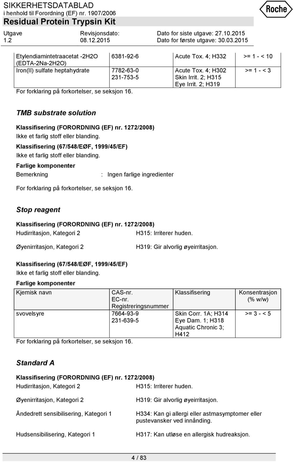 Klassifisering (67/548/EØF, 1999/45/EF) Ikke et farlig stoff eller blanding. Farlige komponenter Bemerkning : Ingen farlige ingredienter For forklaring på forkortelser, se seksjon 16.