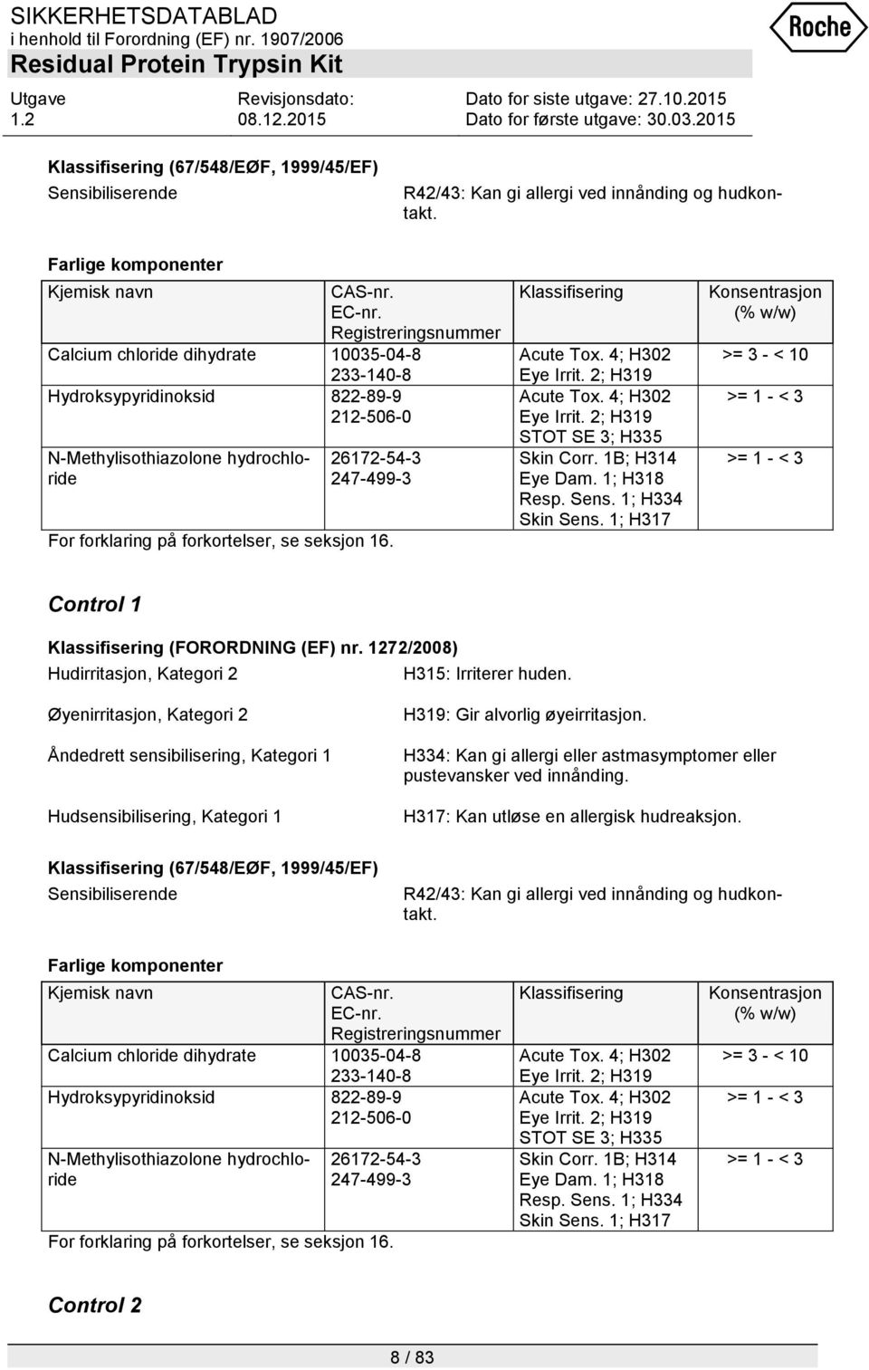 seksjon 16. Klassifisering Acute Tox. 4; H302 Eye Irrit. 2; H319 Acute Tox. 4; H302 Eye Irrit. 2; H319 STOT SE 3; H335 Skin Corr. 1B; H314 Eye Dam. 1; H318 Resp. Sens. 1; H334 Skin Sens.