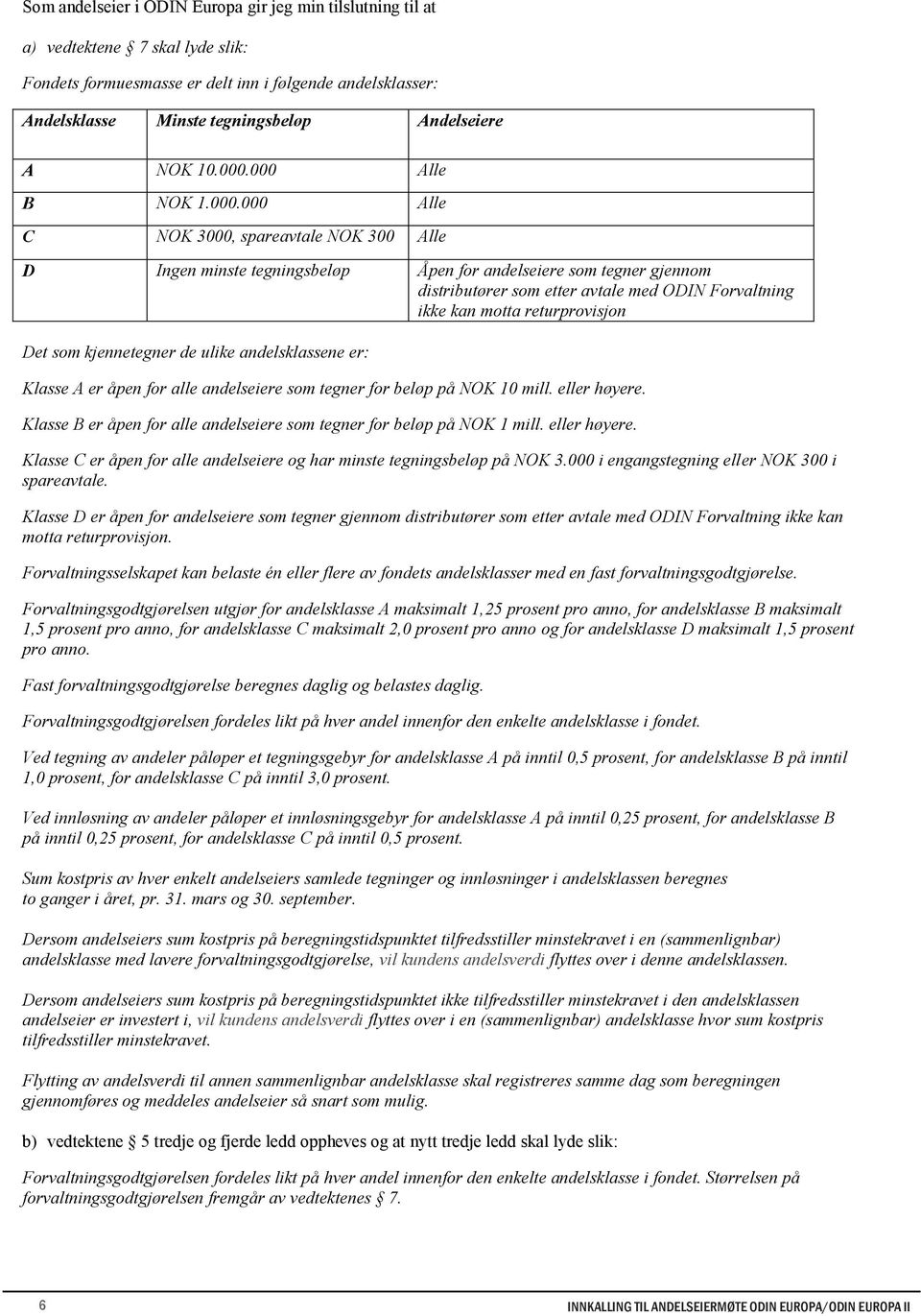 000 Alle B NOK 1.000.000 Alle C NOK 3000, spareavtale NOK 300 Alle D Ingen minste tegningsbeløp Åpen for andelseiere som tegner gjennom distributører som etter avtale med ODIN Forvaltning ikke kan