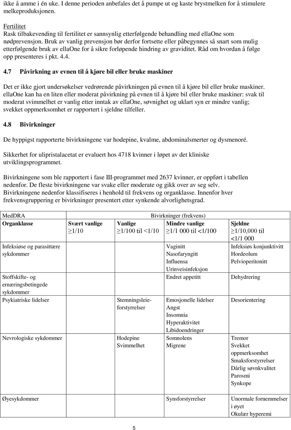 Bruk av vanlig prevensjon bør derfor fortsette eller påbegynnes så snart som mulig etterfølgende bruk av ellaone for å sikre forløpende hindring av graviditet.