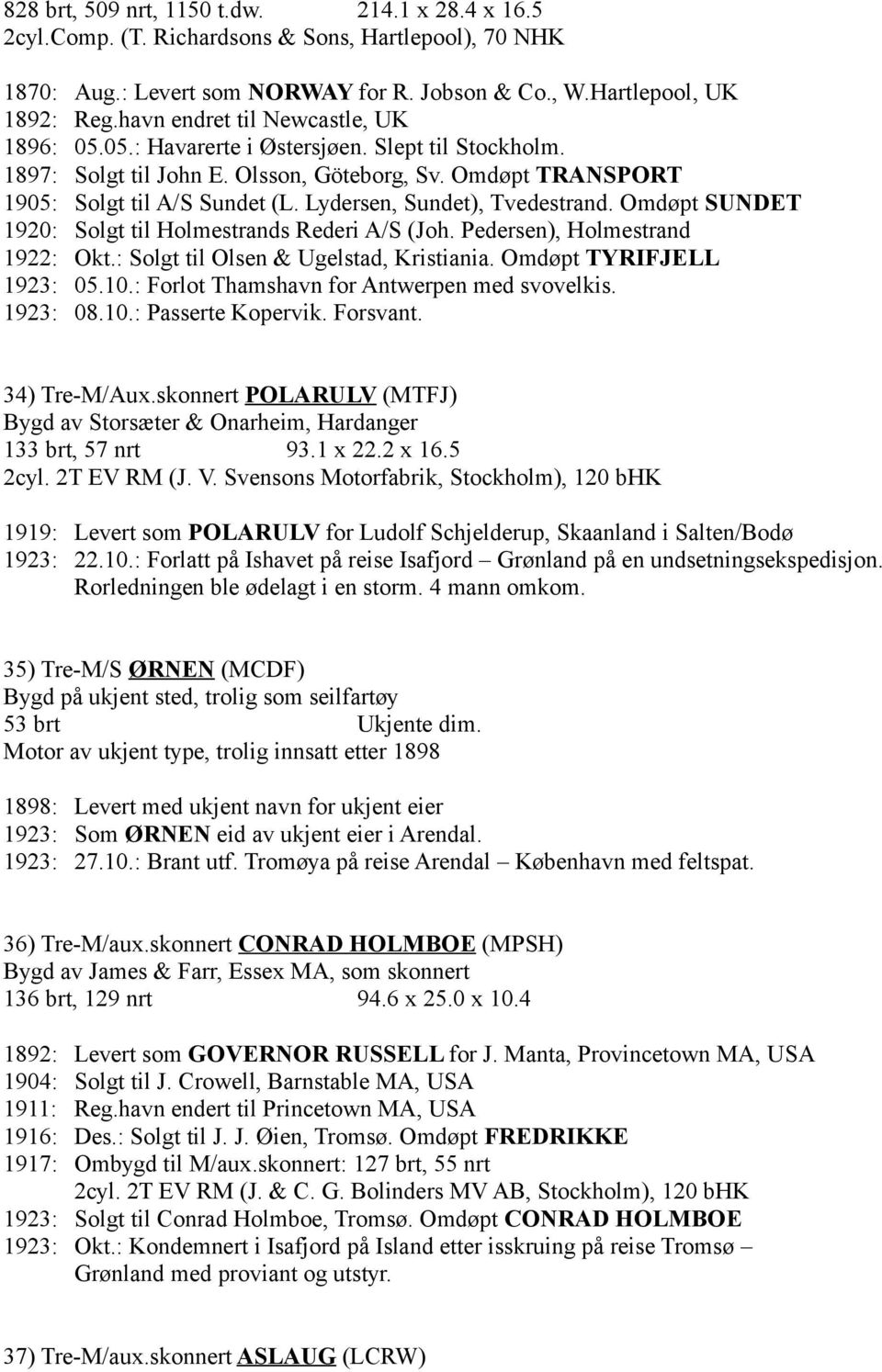 Lydersen, Sundet), Tvedestrand. Omdøpt SUNDET 1920: Solgt til Holmestrands Rederi A/S (Joh. Pedersen), Holmestrand 1922: Okt.: Solgt til Olsen & Ugelstad, Kristiania. Omdøpt TYRIFJELL 1923: 05.10.