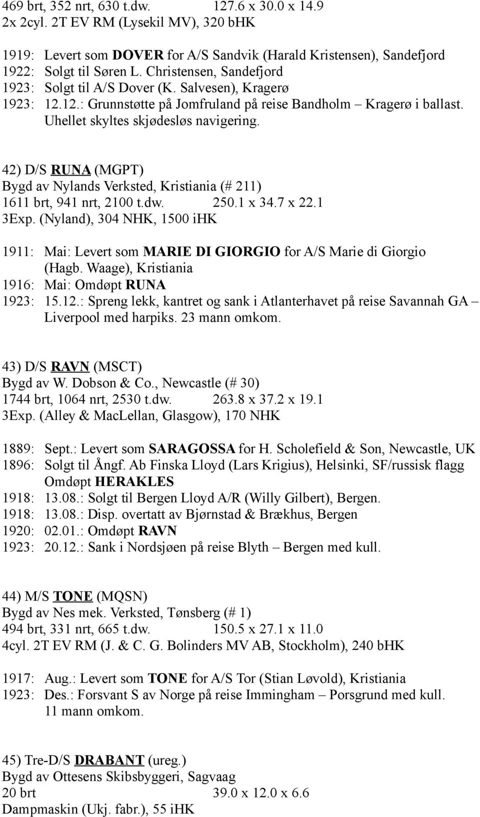 42) D/S RUNA (MGPT) Bygd av Nylands Verksted, Kristiania (# 211) 1611 brt, 941 nrt, 2100 t.dw. 250.1 x 34.7 x 22.1 3Exp.