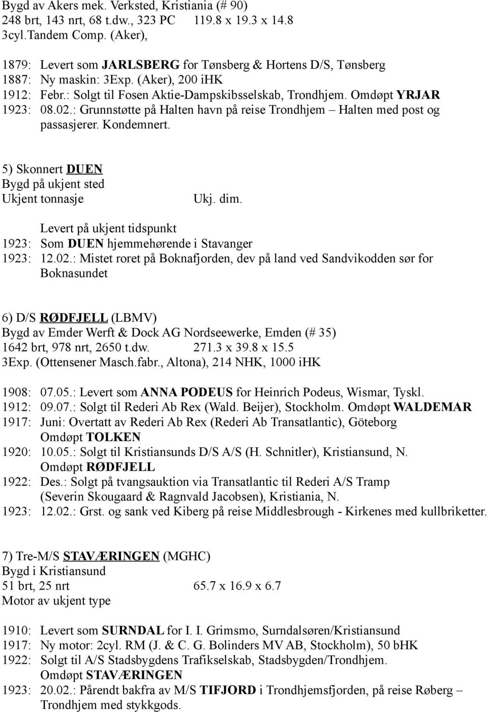 : Grunnstøtte på Halten havn på reise Trondhjem Halten med post og passasjerer. Kondemnert. 5) Skonnert DUEN Bygd på ukjent sted Ukjent tonnasje Ukj. dim.