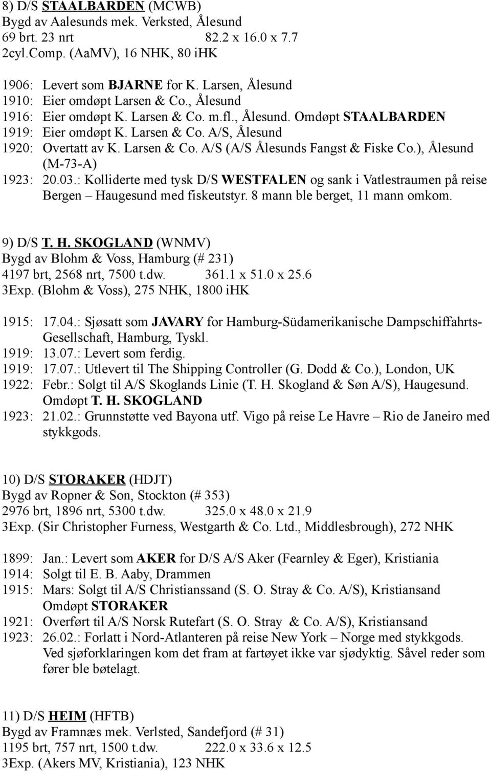 Larsen & Co. A/S (A/S Ålesunds Fangst & Fiske Co.), Ålesund (M-73-A) 1923: 20.03.: Kolliderte med tysk D/S WESTFALEN og sank i Vatlestraumen på reise Bergen Haugesund med fiskeutstyr.