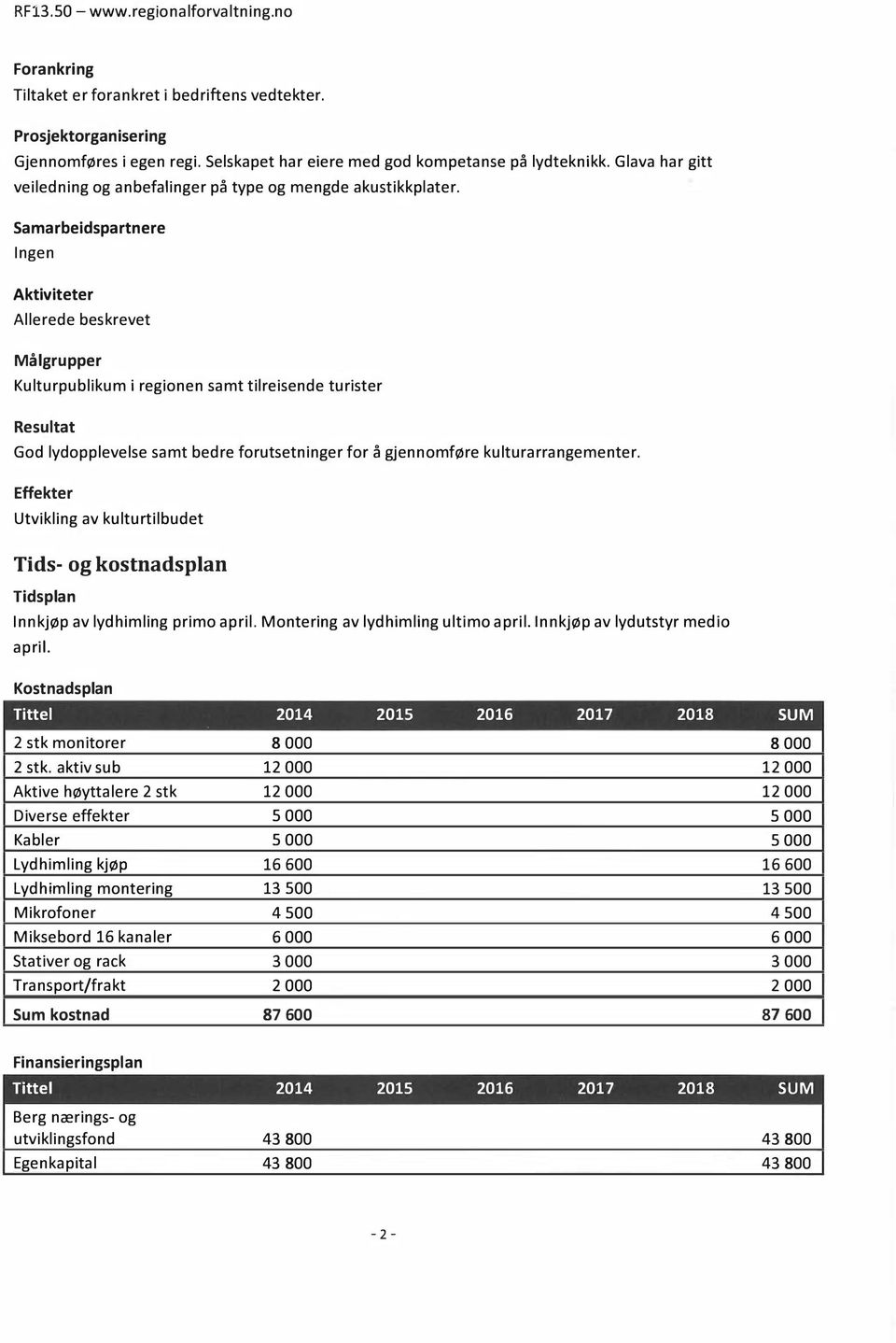 Samarbeidspartnere Ingen Aktiviteter Allerede beskrevet Målgrupper Kulturpublikum i regionen samt tilreisende turister Resultat God lydopplevelse samt bedre forutsetninger for å gjennomføre