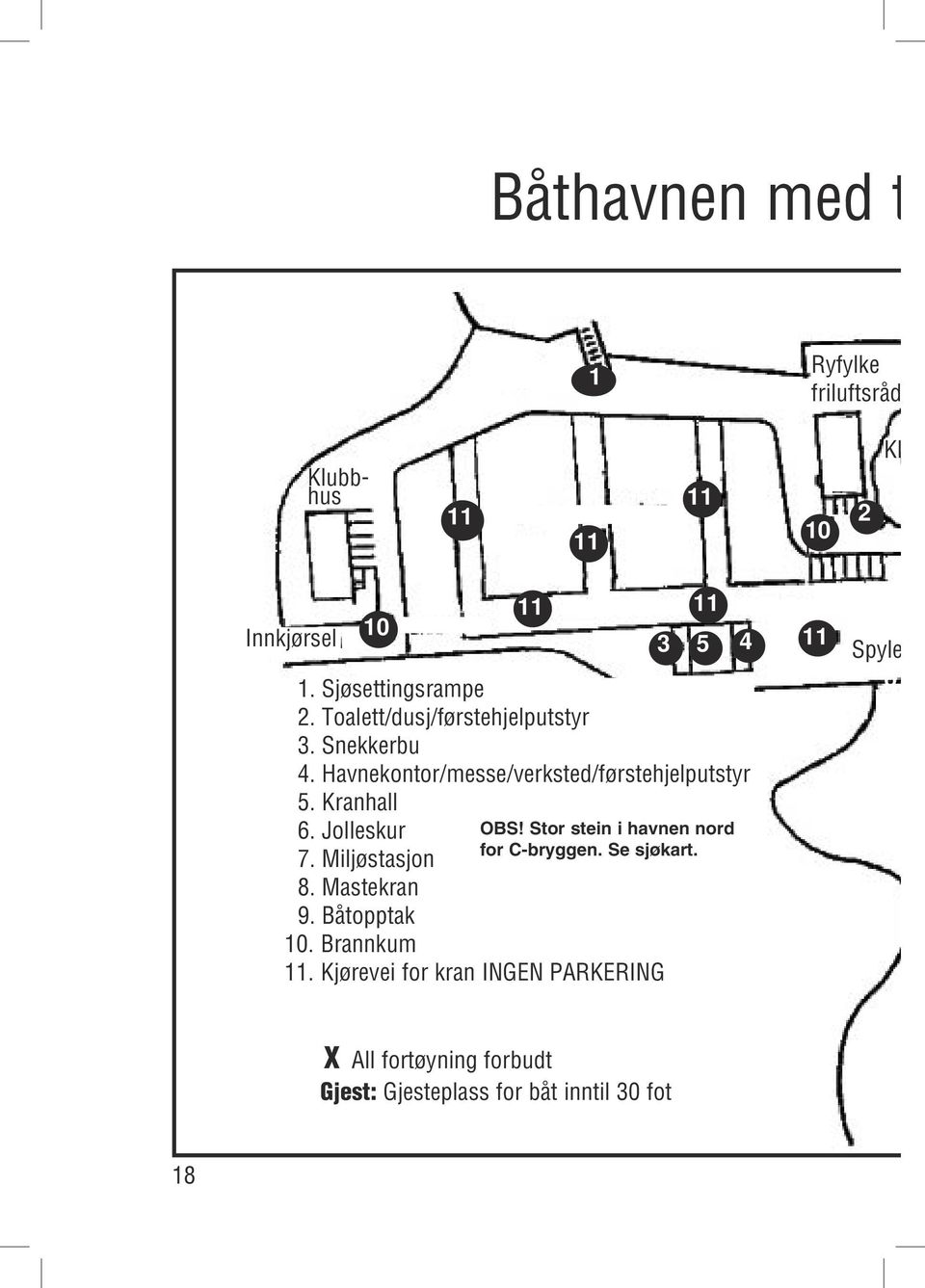 Jolleskur 7. Miljøstasjon 8. Mastekran 9. Båtopptak 10. Brannkum 11. Kjørevei for kran INGEN PARKERING 3 5 4 OBS!