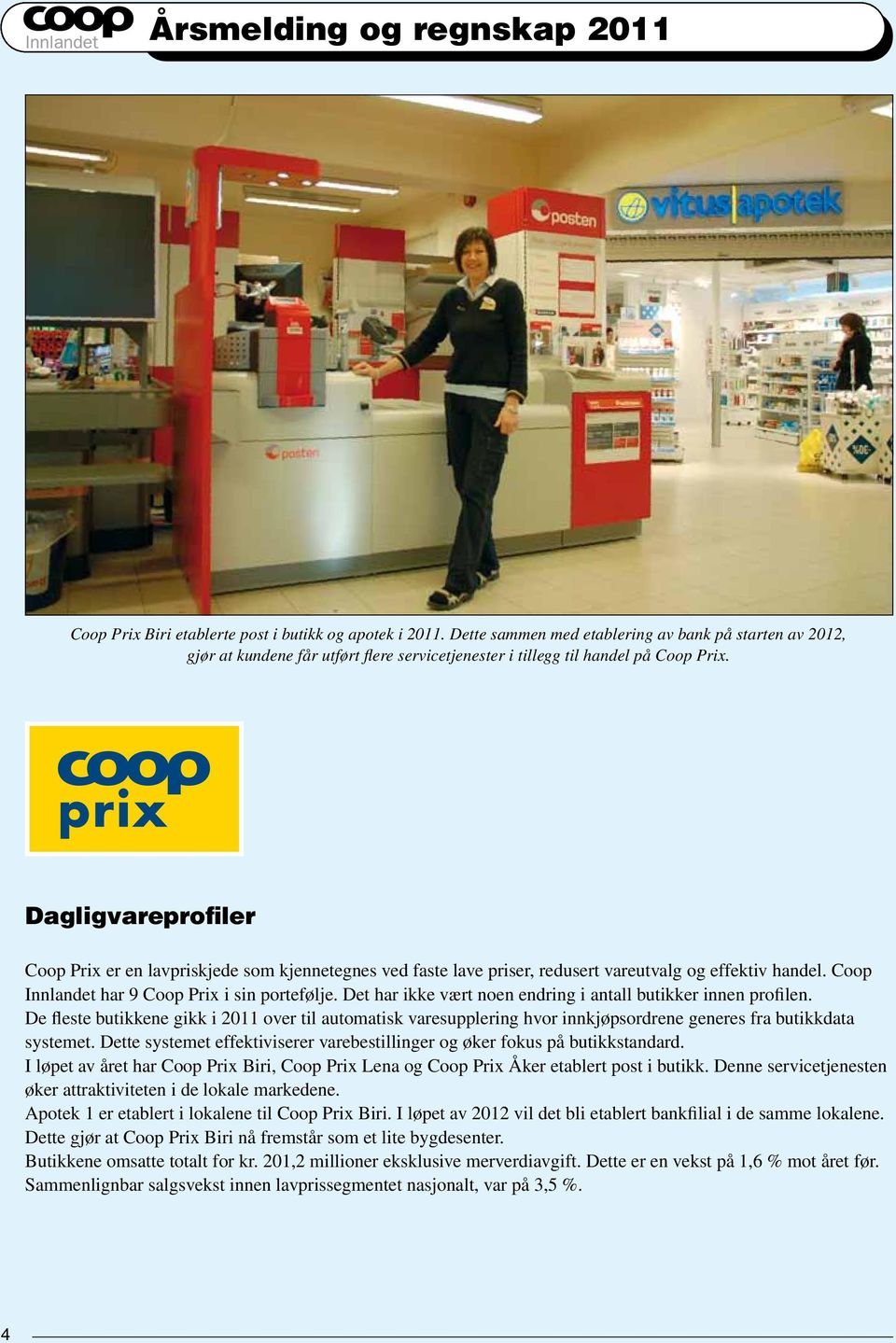 Dagligvareprofiler Coop Prix er en lavpriskjede som kjennetegnes ved faste lave priser, redusert vareutvalg og effektiv handel. Coop Innlandet har 9 Coop Prix i sin portefølje.