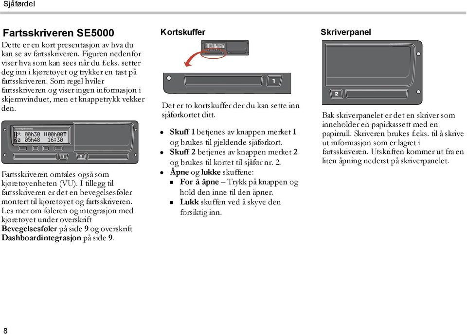 00h30 05h48 00h00 16:30 Fartsskriveren omtales også som kjøretøyenheten (VU). I tillegg til fartsskriveren er det en bevegelsesføler montert til kjøretøyet og fartsskriveren.