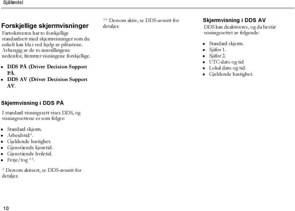 Skjermvisning i DDS AV DDS kan deaktiveres, og da består visningssettet av følgende: Standard skjerm. Sjåfør 1. Sjåfør 2. UTC-dato og tid Lokal dato og tid. Gjeldende hastighet.