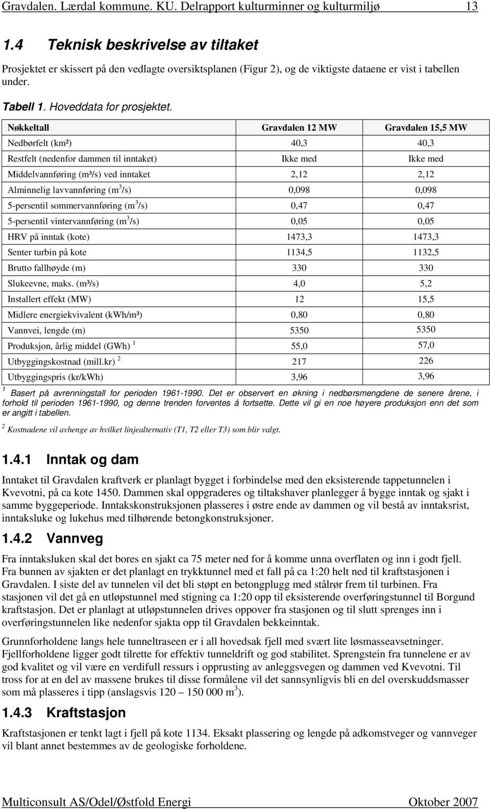 lavvannføring (m 3 /s) 0,098 0,098 5-persentil sommervannføring (m 3 /s) 0,47 0,47 5-persentil vintervannføring (m 3 /s) 0,05 0,05 HRV på inntak (kote) 1473,3 1473,3 Senter turbin på kote 1134,5