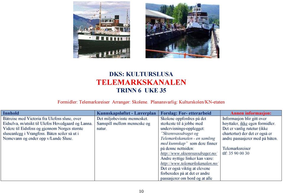 Hovedgaard og Lanna. Videre til Eidsfoss og gjennom Norges største sluseanlegg i Vrangfoss. Båten seiler så ut i Nomevann og ender opp v/lunde Sluse. Det miljøbevisste mennesket.