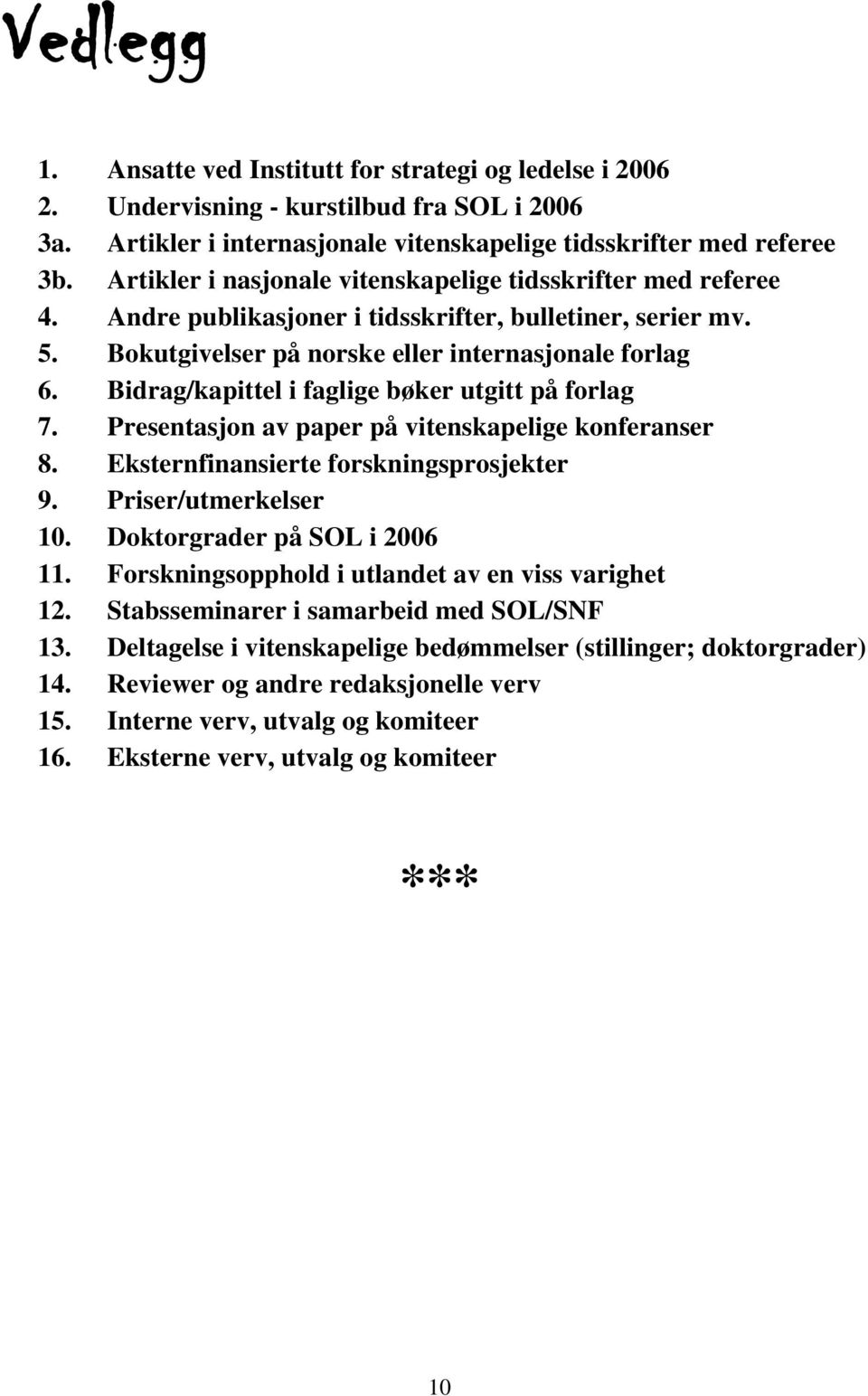 Bidrag/kapittel i faglige bøker utgitt på forlag 7. Presentasjon av paper på vitenskapelige konferanser 8. Eksternfinansierte forskningsprosjekter 9. Priser/utmerkelser 10.