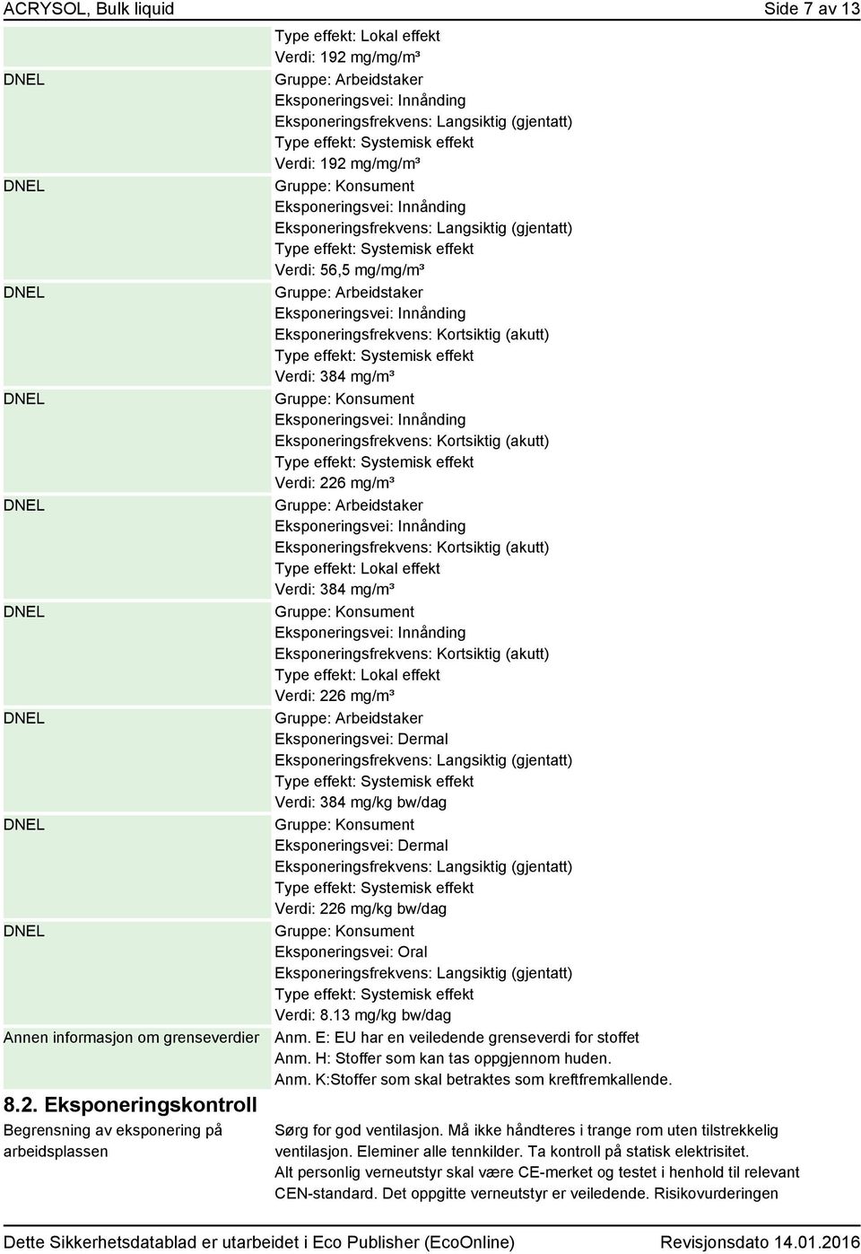Verdi: 384 mg/kg bw/dag Verdi: 226 mg/kg bw/dag Eksponeringsvei: Oral Verdi: 8.13 mg/kg bw/dag Anm. E: EU har en veiledende grenseverdi for stoffet Anm. H: Stoffer som kan tas oppgjennom huden. Anm. K:Stoffer som skal betraktes som kreftfremkallende.