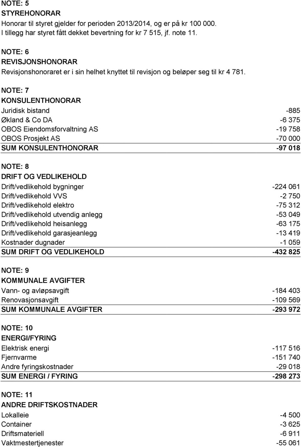 NOTE: 7 KONSULENTHONORAR Juridisk bistand -885 Økland & Co DA -6 375 OBOS Eiendomsforvaltning AS -19 758 OBOS Prosjekt AS -70 000 SUM KONSULENTHONORAR -97 018 NOTE: 8 DRIFT OG VEDLIKEHOLD