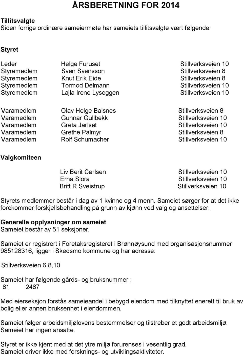 Stillverksveien 8 Varamedlem Gunnar Gullbekk Stillverksveien 10 Varamedlem Greta Jarlset Stillverksveien 10 Varamedlem Grethe Palmyr Stillverksveien 8 Varamedlem Rolf Schumacher Stillverksveien 10