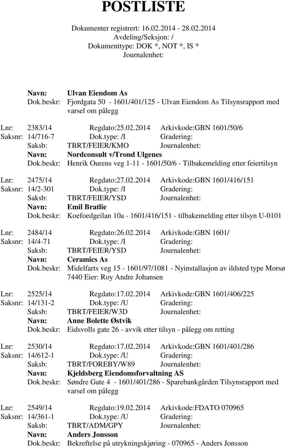 2014 Arkivkode:GBN 1601/416/151 Saksnr: 14/2-301 Dok.type: /I Gradering: Saksb: TBRT/FEIER/YSD Navn: Emil Bratlie Dok.
