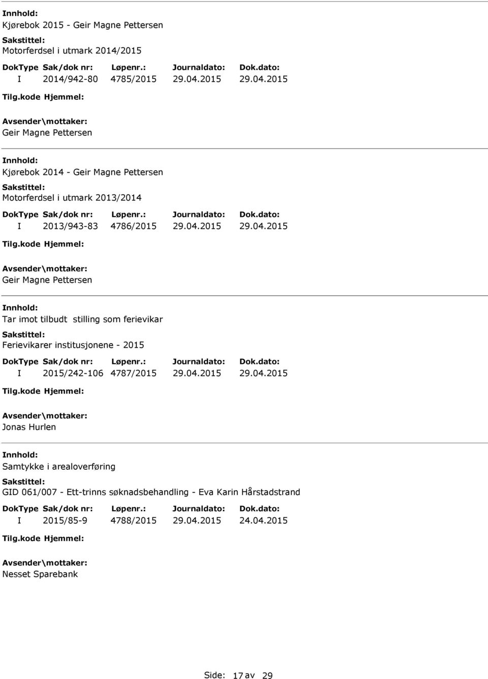 tilbudt stilling som ferievikar Ferievikarer institusjonene - 2015 2015/242-106 4787/2015 Jonas Hurlen nnhold: Samtykke i