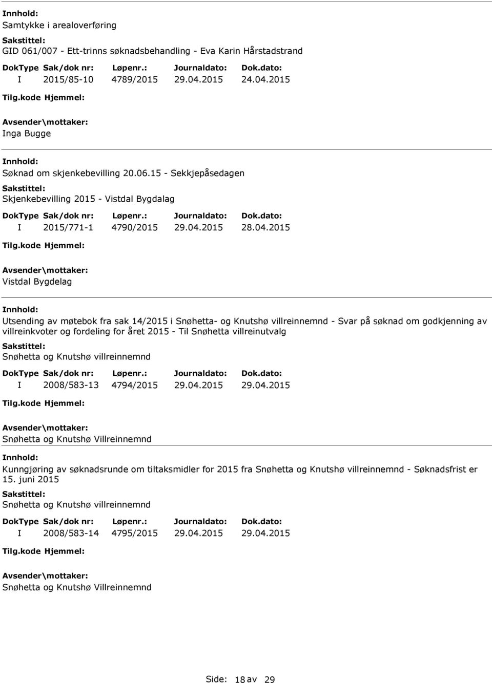 15 - Sekkjepåsedagen Skjenkebevilling 2015 - Vistdal Bygdalag 2015/771-1 4790/2015 Vistdal Bygdelag nnhold: Utsending av møtebok fra sak 14/2015 i Snøhetta- og Knutshø villreinnemnd - Svar på