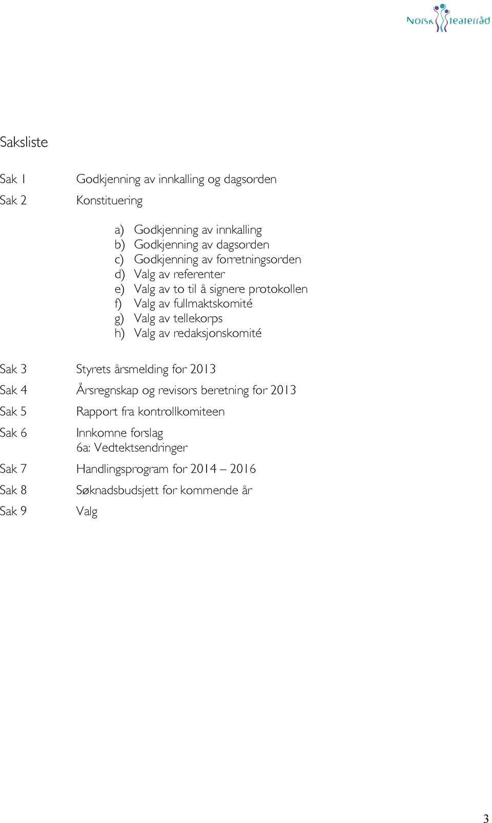 tellekorps h) Valg av redaksjonskomité Sak 3 Styrets årsmelding for 2013 Sak 4 Årsregnskap og revisors beretning for 2013 Sak 5 Sak 6