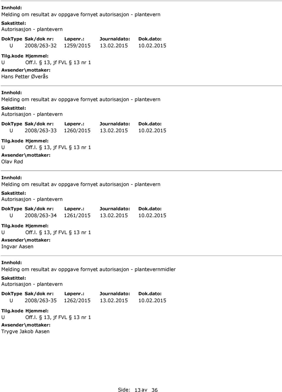 resultat av oppgave fornyet autorisasjon - plantevern 2008/263-34 1261/2015 ngvar Aasen Melding om