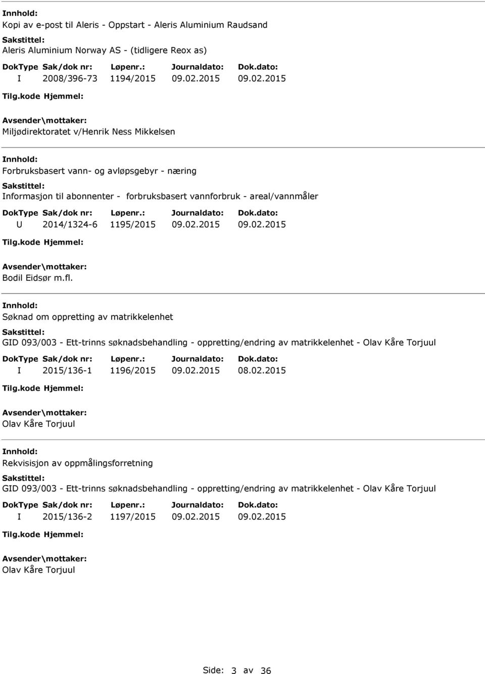 Søknad om oppretting av matrikkelenhet GD 093/003 - tt-trinns søknadsbehandling - oppretting/endring av matrikkelenhet - Olav Kåre Torjuul 2015/136-1 1196/2015 08.02.