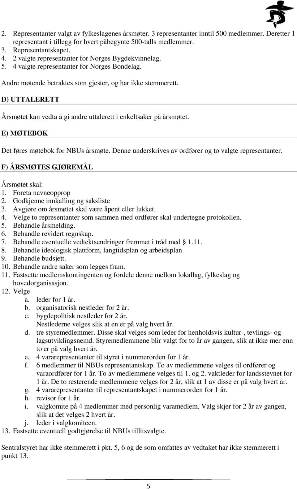 D) UTTALERETT Årsmøtet kan vedta å gi andre uttalerett i enkeltsaker på årsmøtet. E) MØTEBOK Det føres møtebok for NBUs årsmøte. Denne underskrives av ordfører og to valgte representanter.