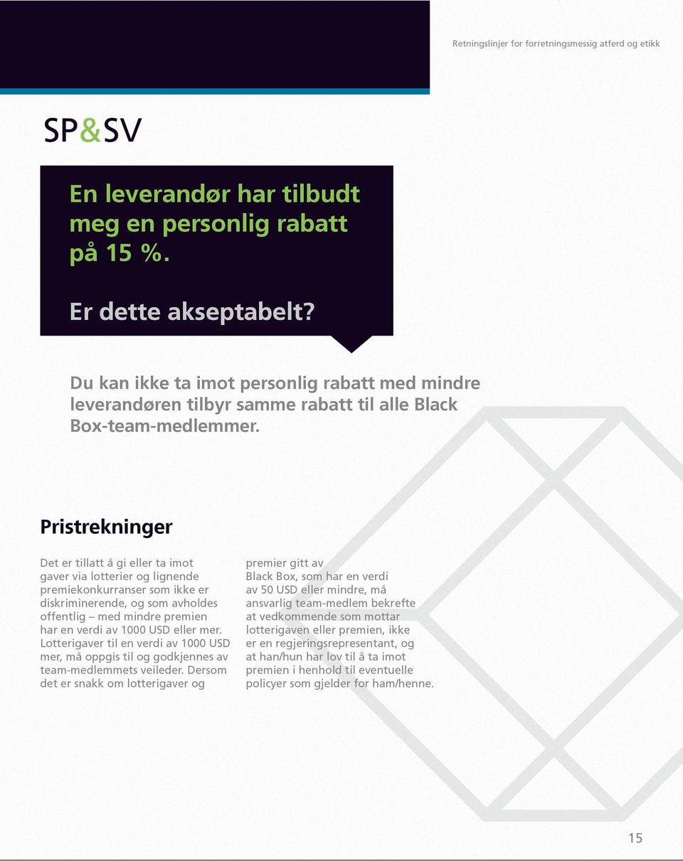 Pristrekninger Det er tillatt å gi eller ta imot gaver via lotterier og lignende premiekonkurranser som ikke er diskriminerende, og som avholdes offentlig med mindre premien har en verdi av 1000 USD