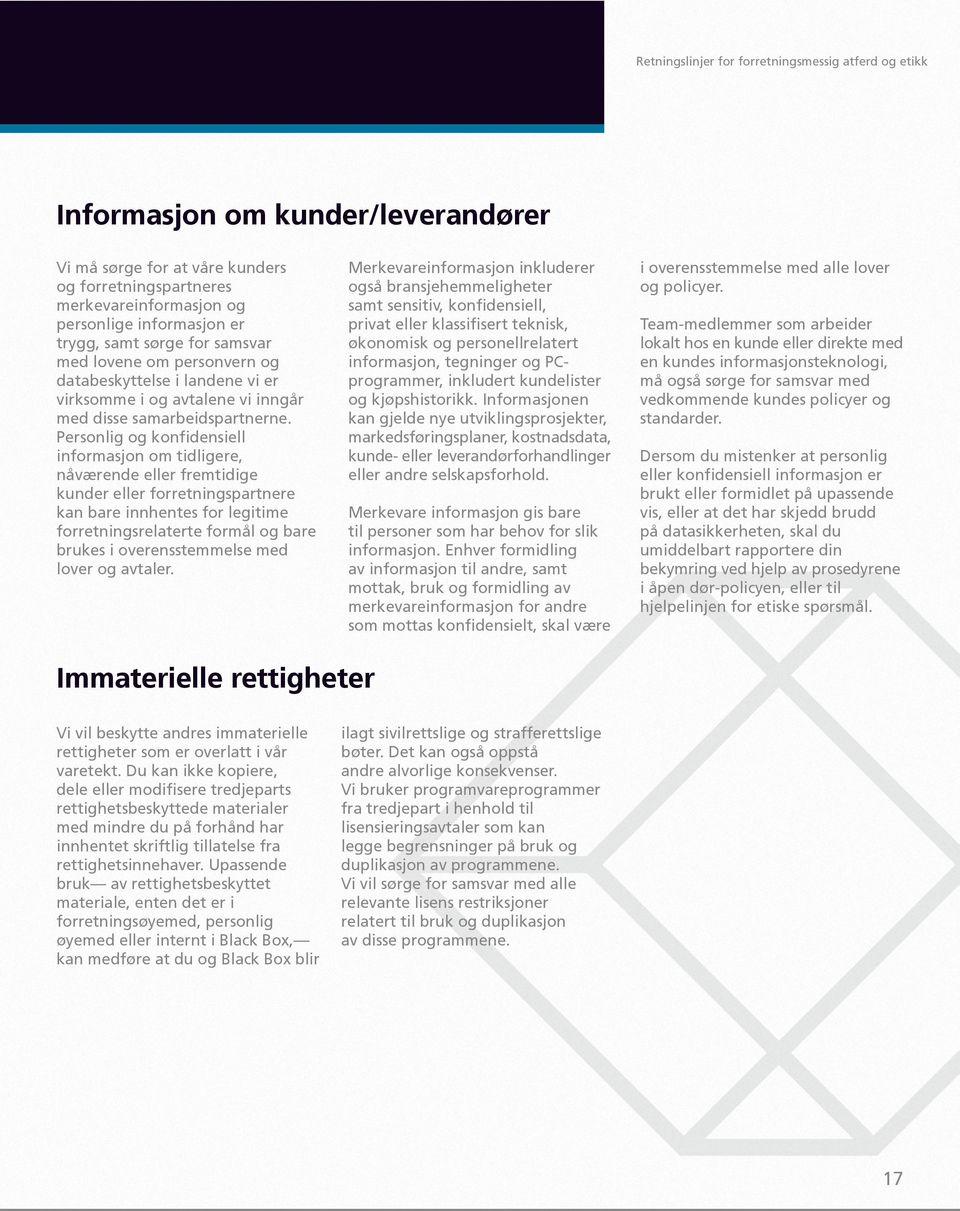 Personlig og konfidensiell informasjon om tidligere, nåværende eller fremtidige kunder eller forretningspartnere kan bare innhentes for legitime forretningsrelaterte formål og bare brukes i