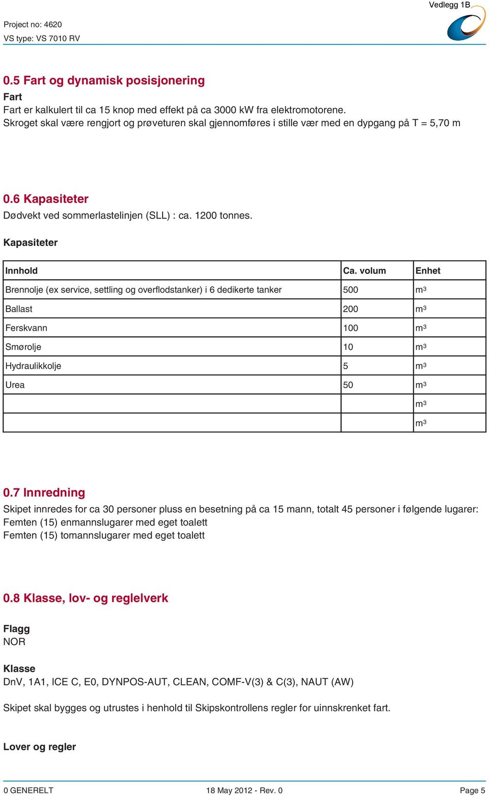 volum Enhet Brennolje (ex service, settling og overflodstanker) i 6 dedikerte tanker 500 m 3 Ballast 200 m 3 Ferskvann 100 m 3 Smørolje 10 m 3 Hydraulikkolje 5 m 3 Urea 50 m 3 m 3 m 3 0.