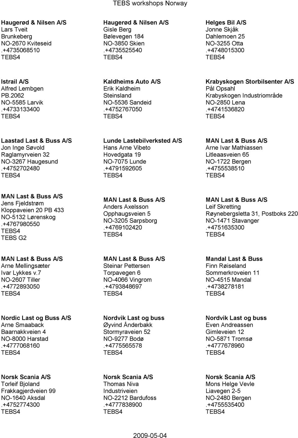 +4741536820 Laastad Last & Buss A/S Jon Inge Søvold Raglamyrveien 32 NO-3267 Haugesund.+4752702480 Lunde Lastebilverksted A/S Hans Arne Vibeto Hovedgata 19 NO-7075 Lunde.