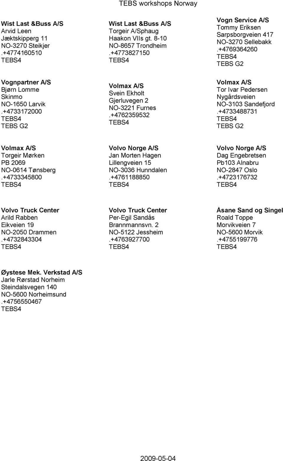 +4762359532 Tor Ivar Pedersen Nygårdsveien NO-3103 Sandefjord.+4733488731 Torgeir Mørken PB 2069 NO-0614 Tønsberg.+4733345800 Volvo Norge A/S Jan Morten Hagen Lillengveien 15 NO-3036 Hunndalen.