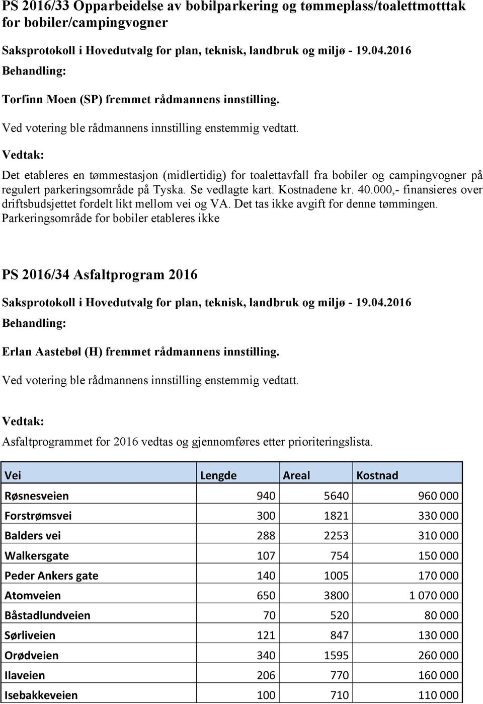 000,- finansieres over driftsbudsjettet fordelt likt mellom vei og VA. Det tas ikke avgift for denne tømmingen.