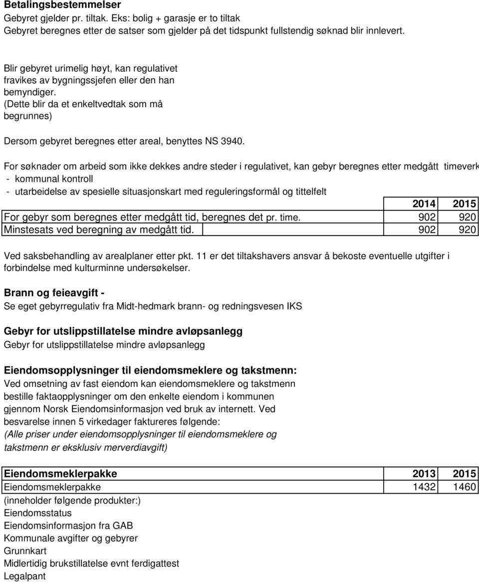 For søknader om arbeid som ikke dekkes andre steder i regulativet, kan gebyr beregnes etter medgått timeverk.