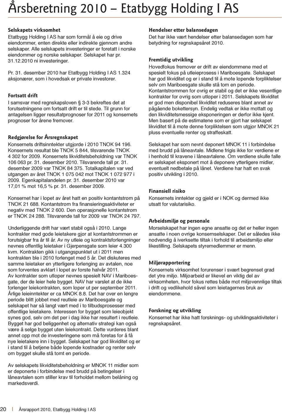 324 aksjonærer, som i hovedsak er private investorer. Fortsatt drift I samsvar med regnskapsloven 3-3 bekreftes det at forutsetningene om fortsatt drift er til stede.