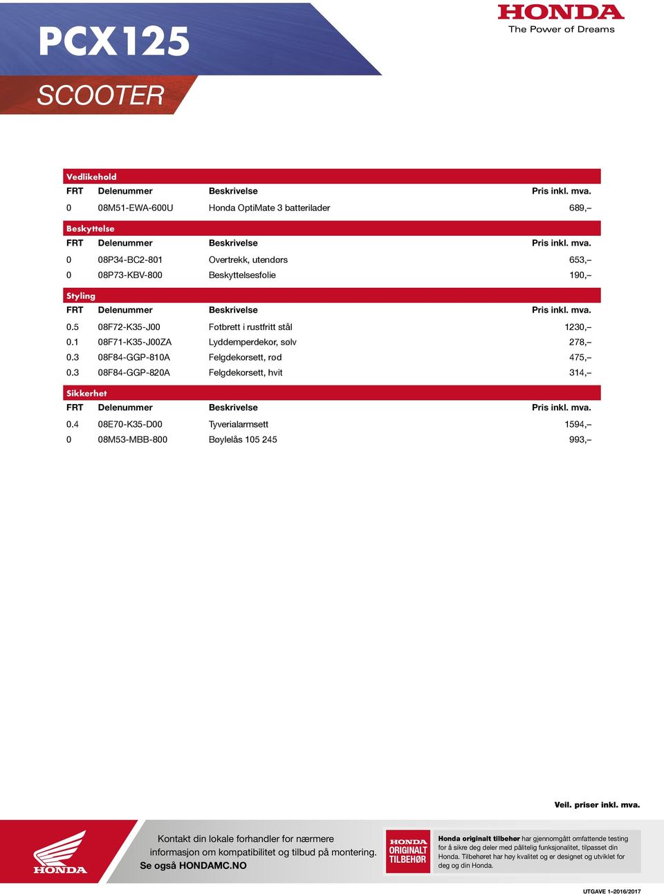 5 08F72-K35-J00 Fotbrett i rustfritt stål 1230, 0.1 08F71-K35-J00ZA Lyddemperdekor, sølv 278, 0.