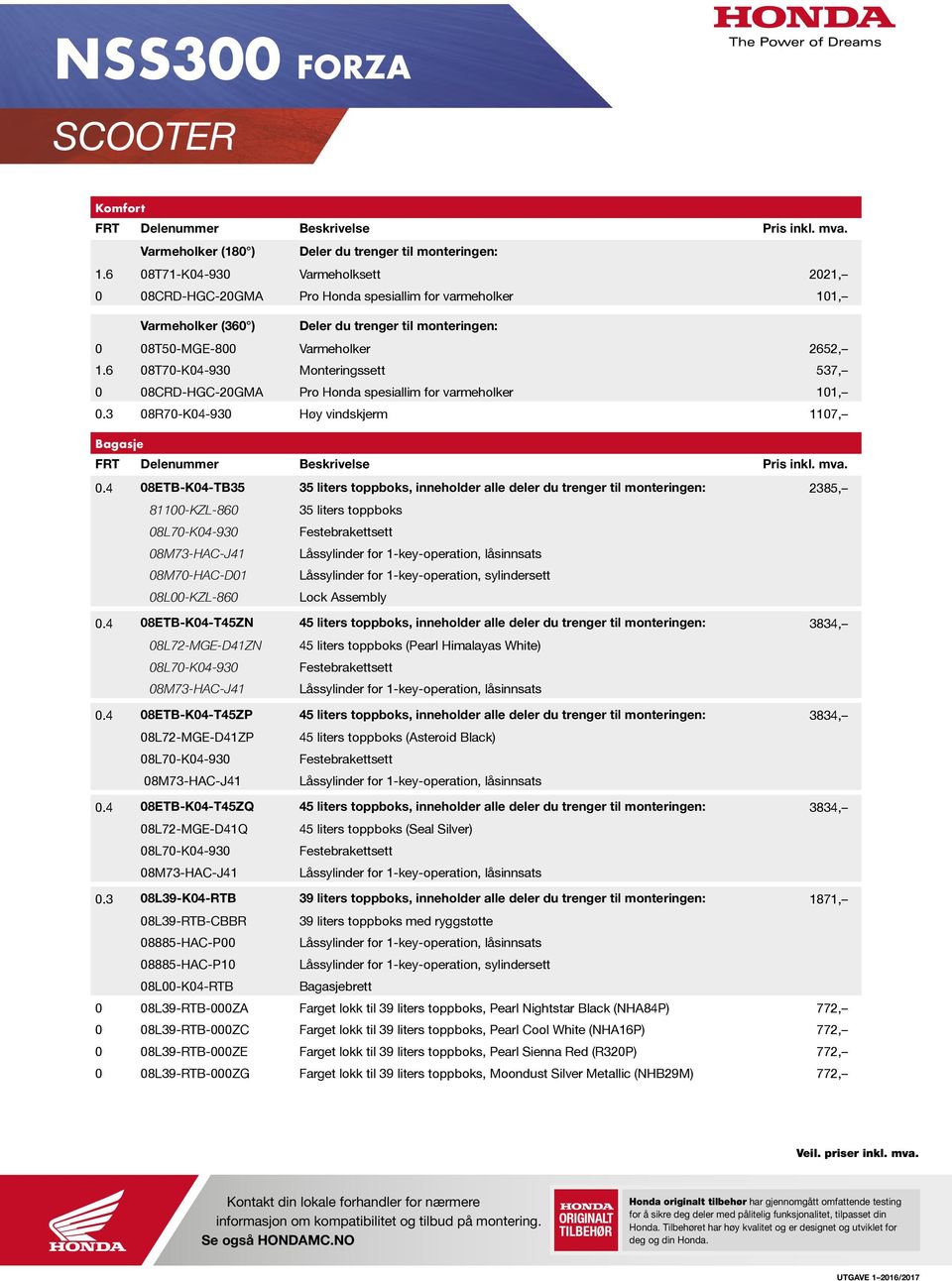 6 08T70-K04-930 Monteringssett 537, 0 08CRD-HGC-20GMA Pro Honda spesiallim for varmeholker 101, 0.3 08R70-K04-930 Høy vindskjerm 1107, Bagasje 0.