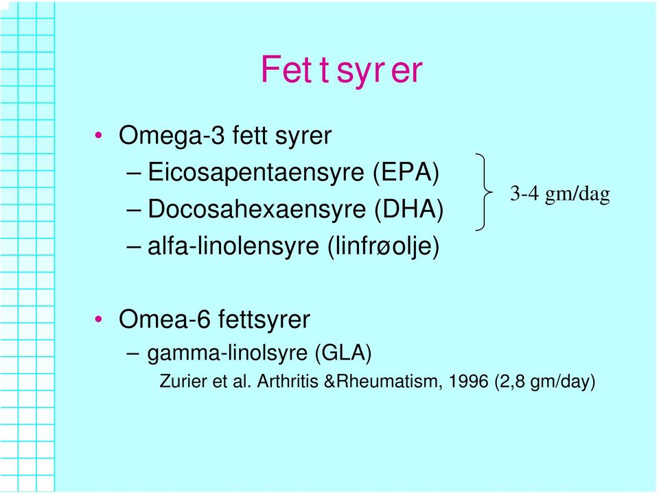 3-4 gm/dag Omea-6 fettsyrer gamma-linolsyre (GLA)