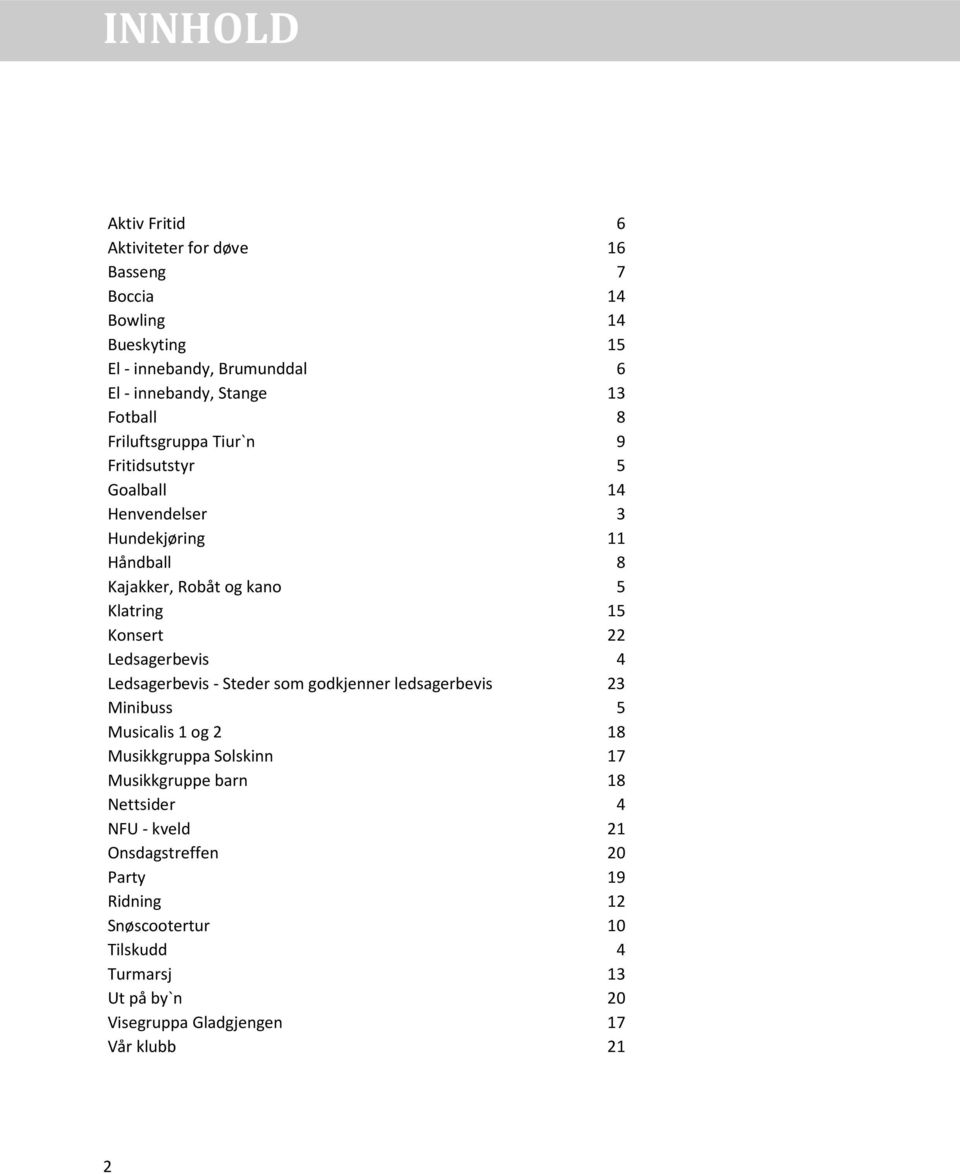 22 Ledsagerbevis 4 Ledsagerbevis - Steder som godkjenner ledsagerbevis 23 Minibuss 5 Musicalis 1 og 2 18 Musikkgruppa Solskinn 17 Musikkgruppe barn 18