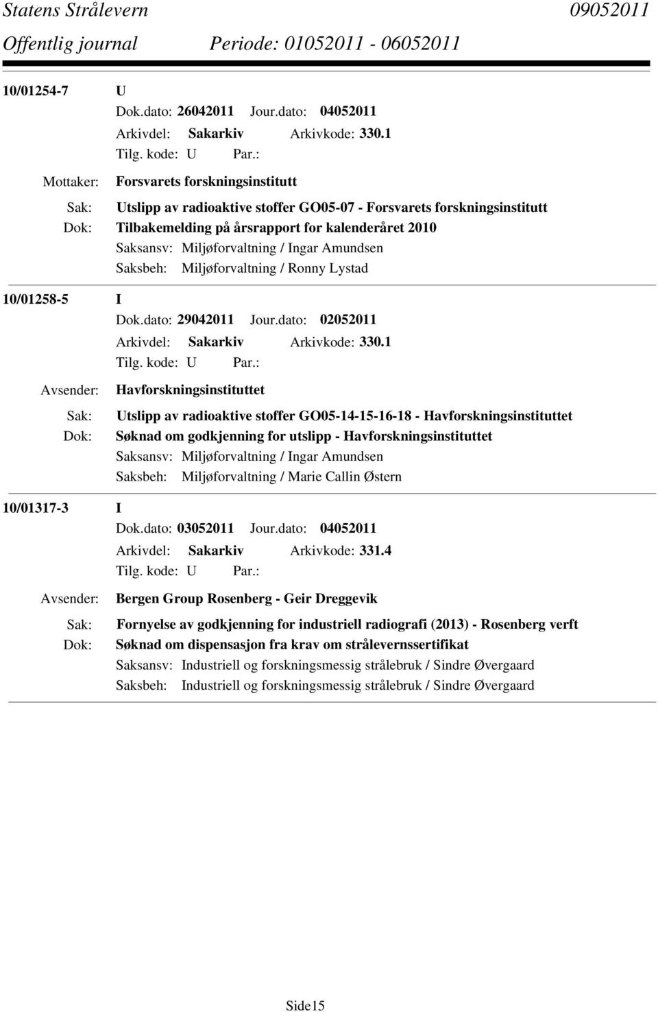 Saksbeh: Miljøforvaltning / Ronny Lystad 10/01258-5 I Arkivdel: Sakarkiv Arkivkode: 330.