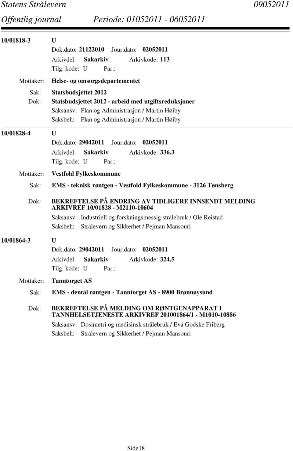 Høiby Saksbeh: Plan og Administrasjon / Martin Høiby 10/01828-4 U Arkivdel: Sakarkiv Arkivkode: 336.