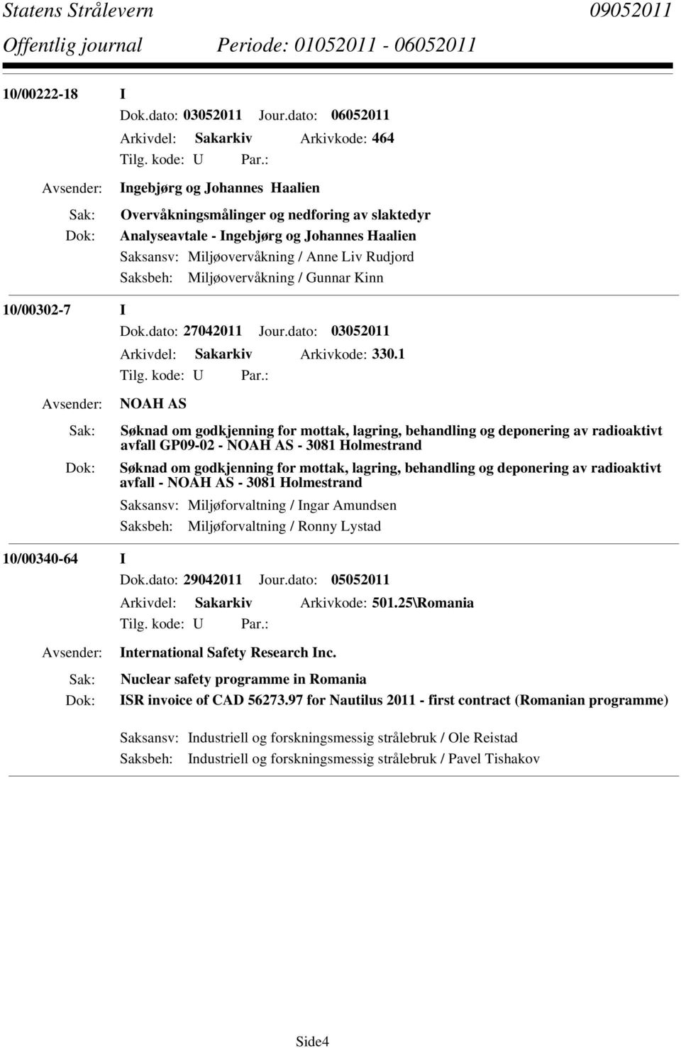 / Anne Liv Rudjord Saksbeh: Miljøovervåkning / Gunnar Kinn 10/00302-7 I Dok.dato: 27042011 Jour.dato: 03052011 Arkivdel: Sakarkiv Arkivkode: 330.