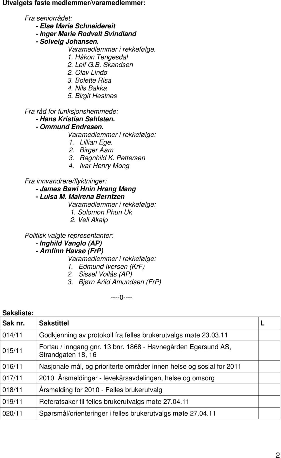 Ragnhild K. Pettersen 4. Ivar Henry Mong Fra innvandrere/flyktninger: - James Bawi Hnin Hrang Mang - Luisa M. Mairena Berntzen Varamedlemmer i rekkefølge: 1. Solomon Phun Uk 2.