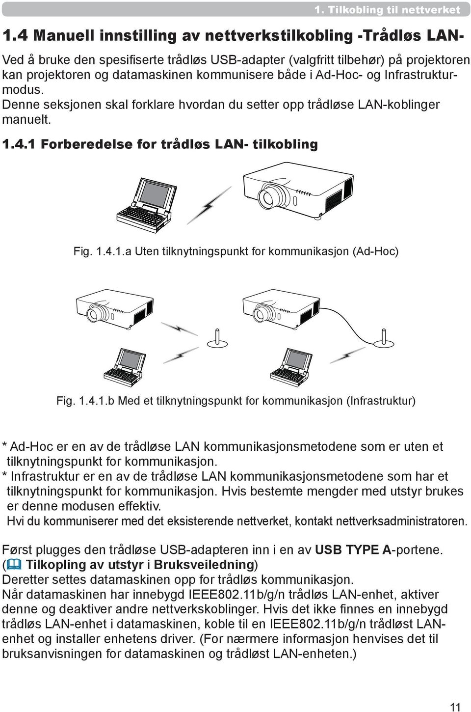 Ad-Hoc- og Infrastrukturmodus. Denne seksjonen skal forklare hvordan du setter opp trådløse LAN-koblinger manuelt. 1.4.1 Forberedelse for trådløs LAN- tilkobling Fig. 1.4.1.a Uten tilknytningspunkt for kommunikasjon (Ad-Hoc) Fig.