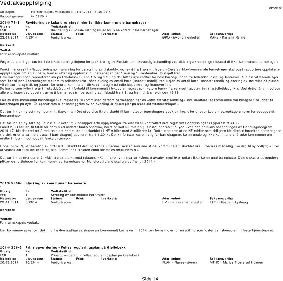 2014 4/2014 Ferdig/Iverksatt ØKO - Økonomienheten KARE - Kariann Reime Merknad: Vedtak: Formannskapets vedtak: Følgende endringer tas inn i de lokale retningslinjene for praktisering av Forskrift om