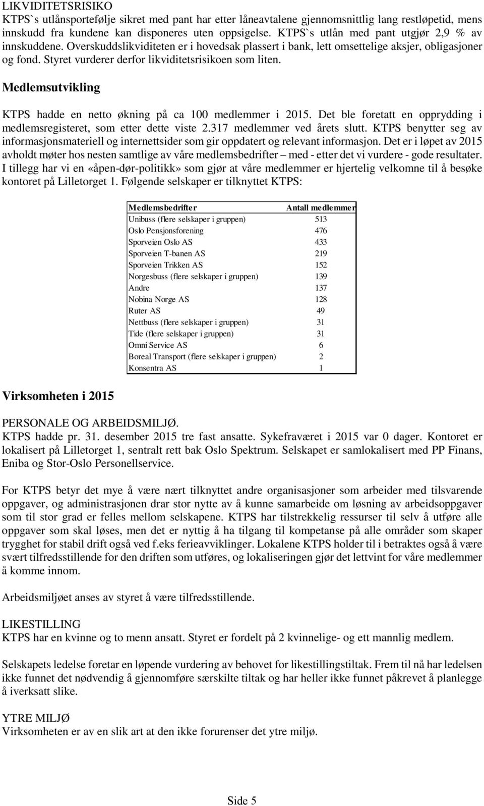 Styret vurderer derfor likviditetsrisikoen som liten. Medlemsutvikling KTPS hadde en netto økning på ca 100 medlemmer i 2015.